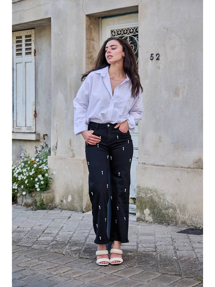 Black Women's wide-leg jeans with fancy pearls - ANA & LUCY for wholesale on Faire