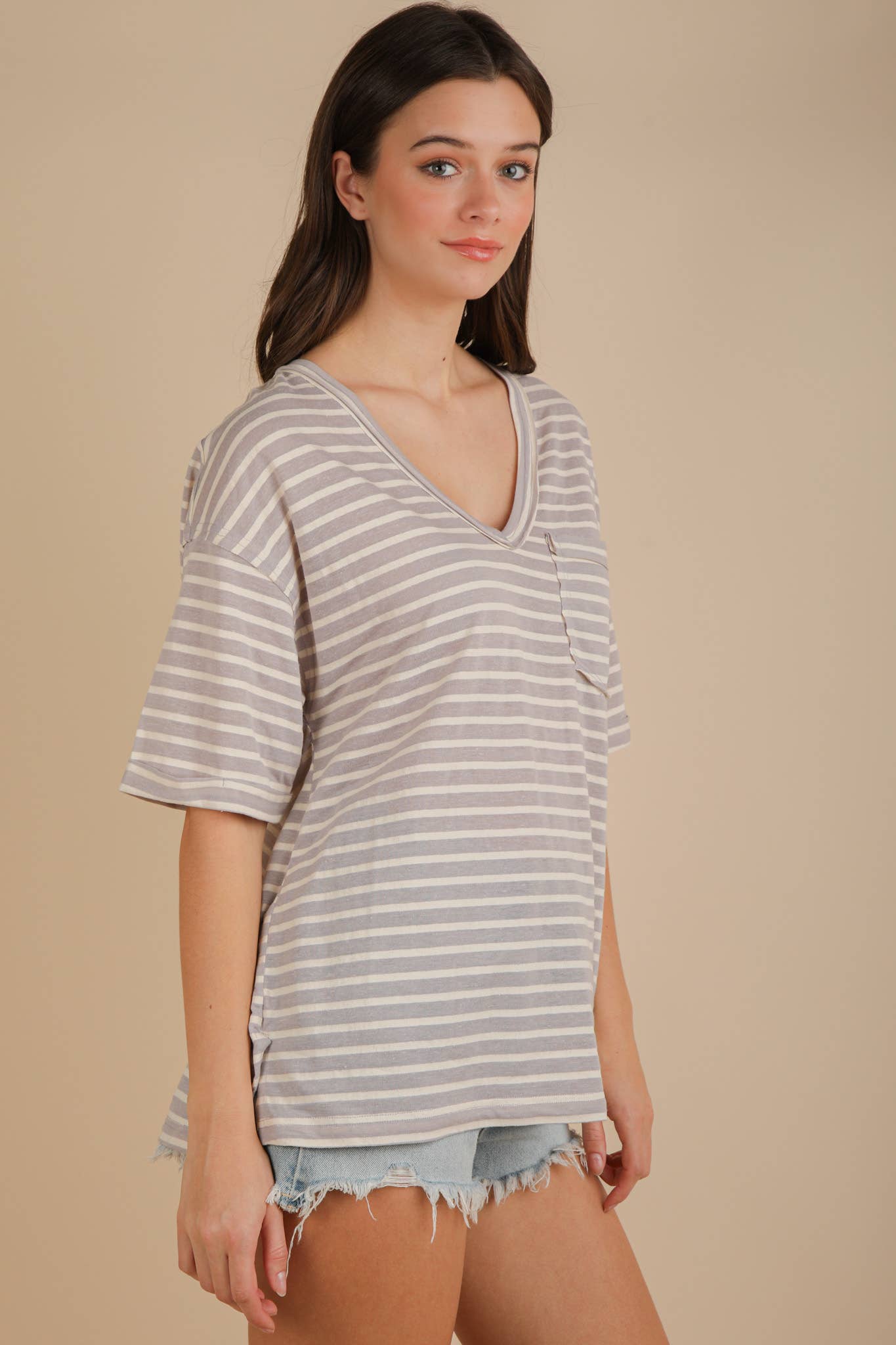VERY J - Wholesale Knit Top - Women's - NT12167-Oversized Stripe Casual V-Neck Knit Top20