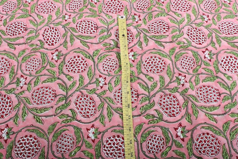 Fabricrush - Wholesale Fabric - Strawberry Pink, Green Indian Hand Block Print Fabric1