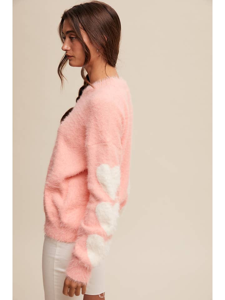 Listicle - Wholesale Knit Sweater - Women's - Fuzzy Heart-Sleeve Pullover Sweater LSW087239