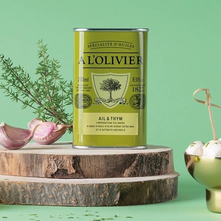 Gourmet Food Solutions, Inc. - Wholesale Olive Oil - Garlic & Thyme Aromatic Olive Oil, A L'Olivier 250ml tin1