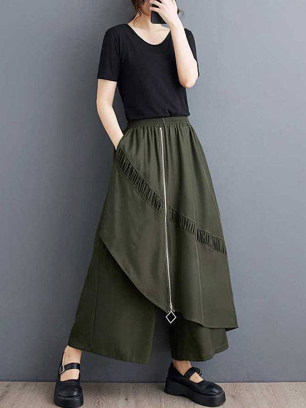 Plush Looks - Wholesale Pants - Women's - High Waisted Loose Elasticity Pleated Pockets Split-Joint Zipper Culotte Pants4