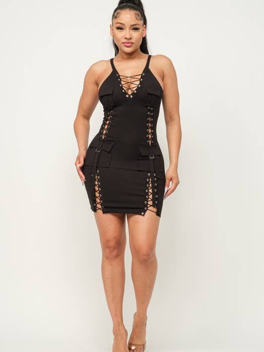 Deep V Lace Up And Pocket Detail Bodycon for wholesale by Belita Collection