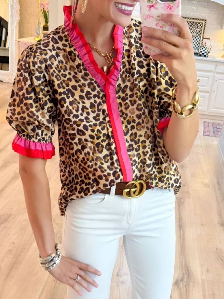 Leo Elegance Ruffle frilled Leopard print blouse short sleeve for wholesale on Faire2