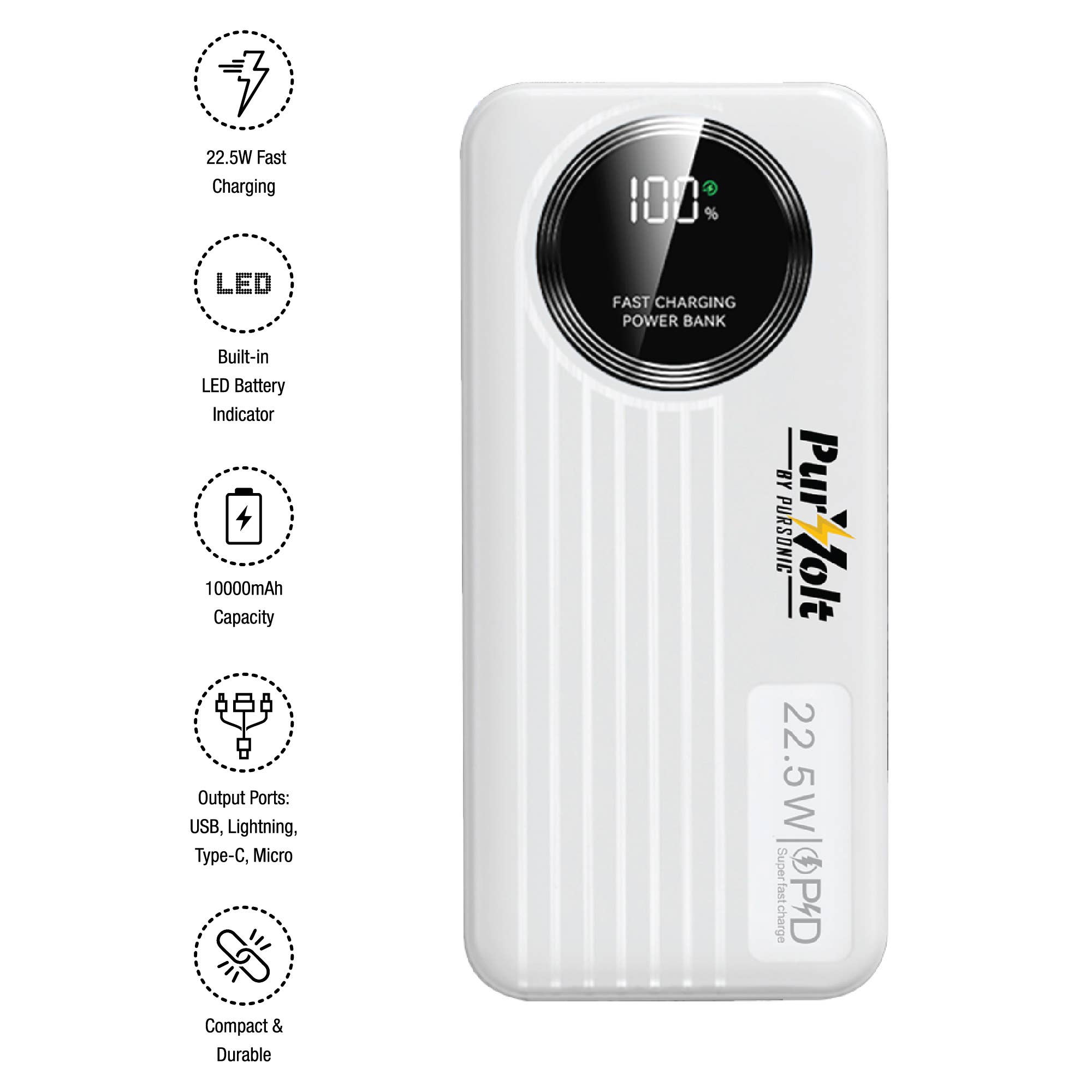 Pursonic – Engroshandel Små/håndholdte apparater – Pursonic 10.000mAh LED Hurtigopladende Powerbank1