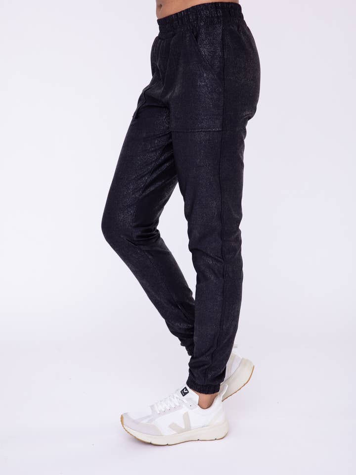 BLACK Foil Printed High-Waisted Joggers for wholesale on Faire