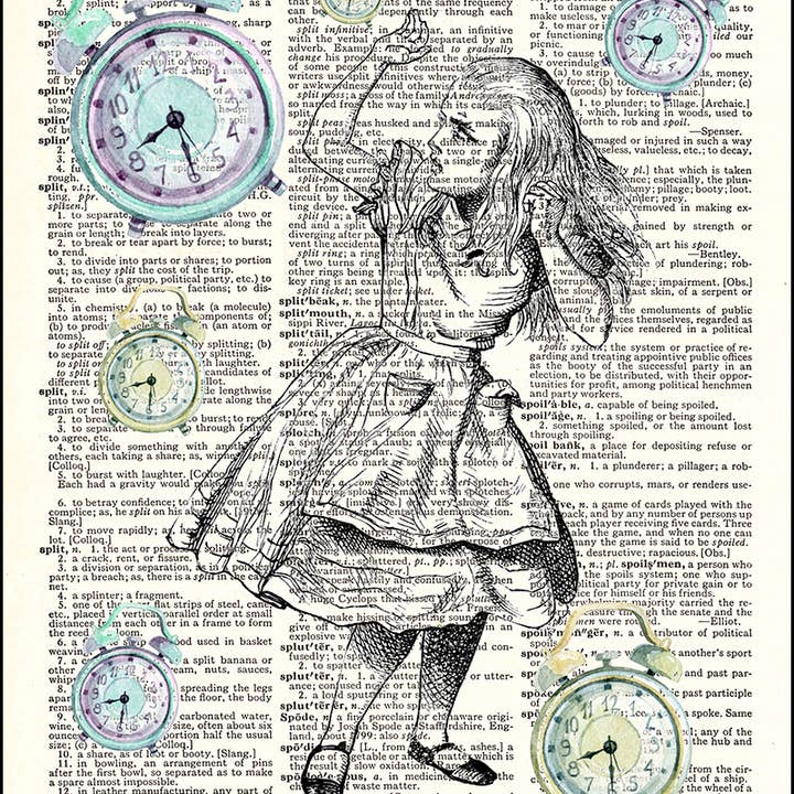 Alice with Clocks Dictionary Print for wholesale by Fresh Prints of CT