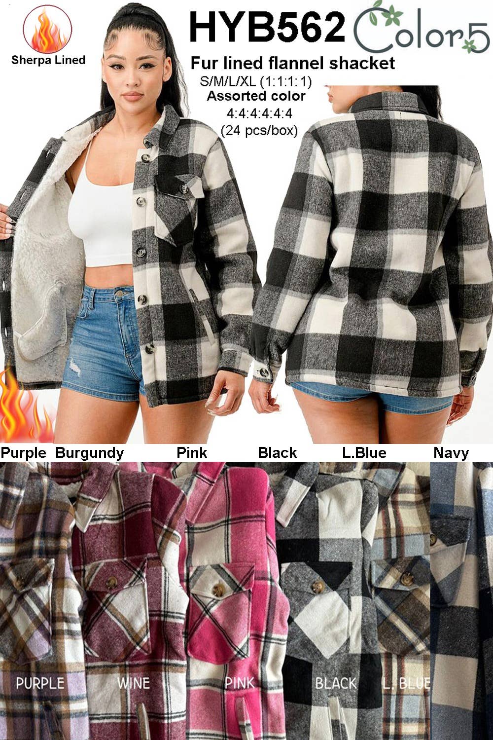 Color 5 – wholesale Skjortjacka/jackett – Dam – Flanellskjorta med rutmönster och foder av päls, med fickor.22