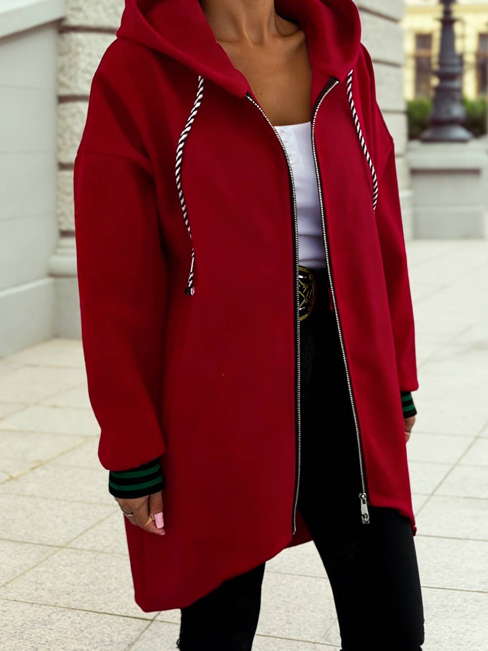 1 the Woman - Wholesale Hoodie - Women's - Contrast Cuffed Drawstring Hooded Zip Up Sweatshirt1