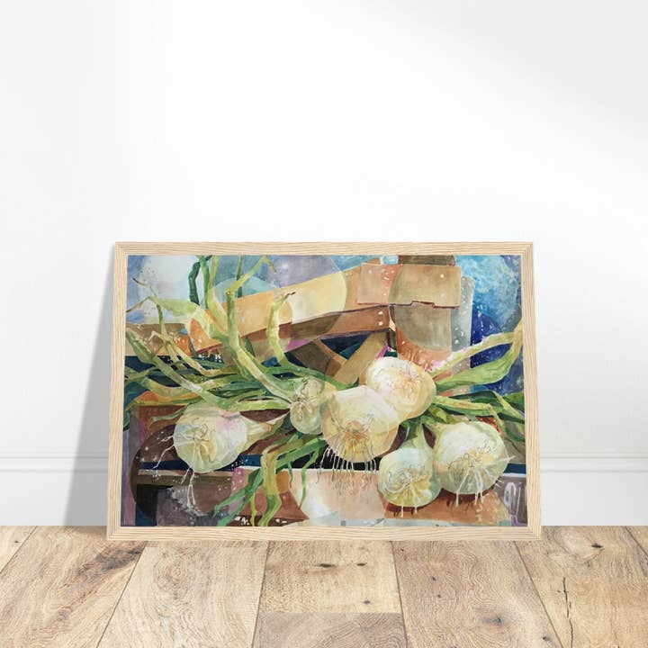 Barbara Cleary Designs - Vendita all'ingrosso Stampa artistica - Natura morta con cipolle ad acquerello | Stampa d'arte incorniciata in legno 12x18 | Opera originale dell'artista americana Barbara Cleary7