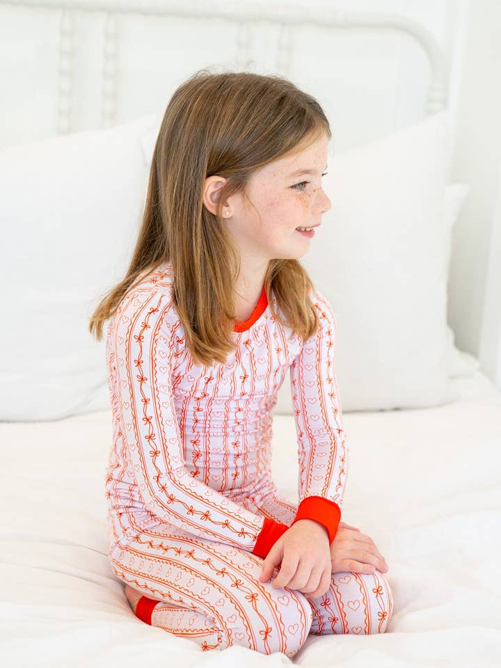 Striped Hearts Bamboo Pajamas 💘 | Two-Piece Girls PJ Set for wholesale by Boosh Baby