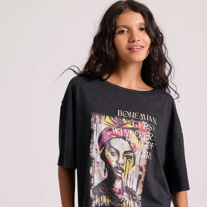 Loose Fit T-Shirt With Bohemian Print - Garment Dyed Finish for wholesale by Funky Buddha