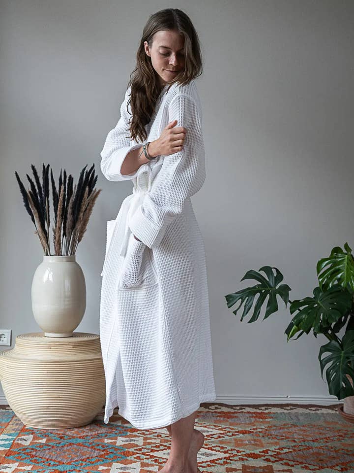 Neunest – Großhandel Bademantel – Unisex – Pamuk Bademantel mit Waffelmuster, Weiß, 100% Baumwolle