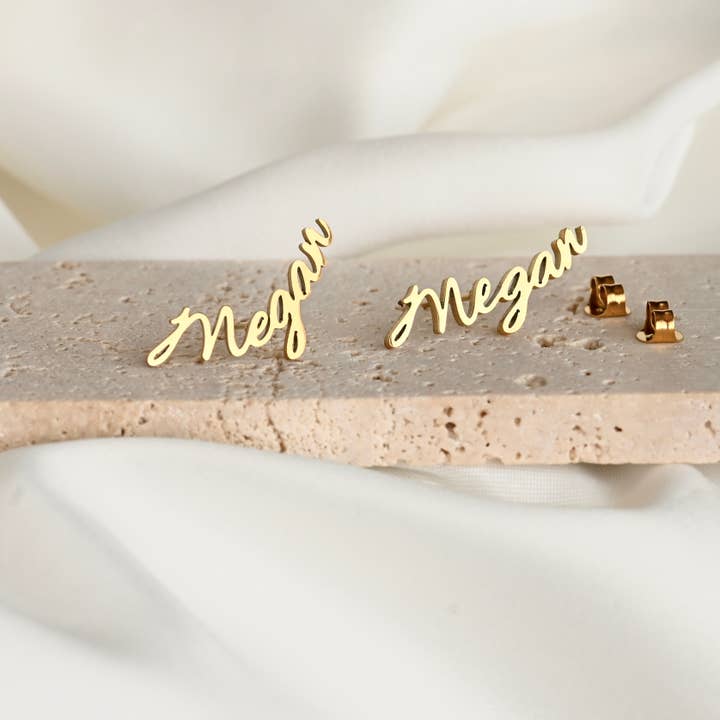 Blueyejewelry - Wholesale Stud/Post Earrings - Custom Name Earrings- 18k Gold Personalized Name Studs4