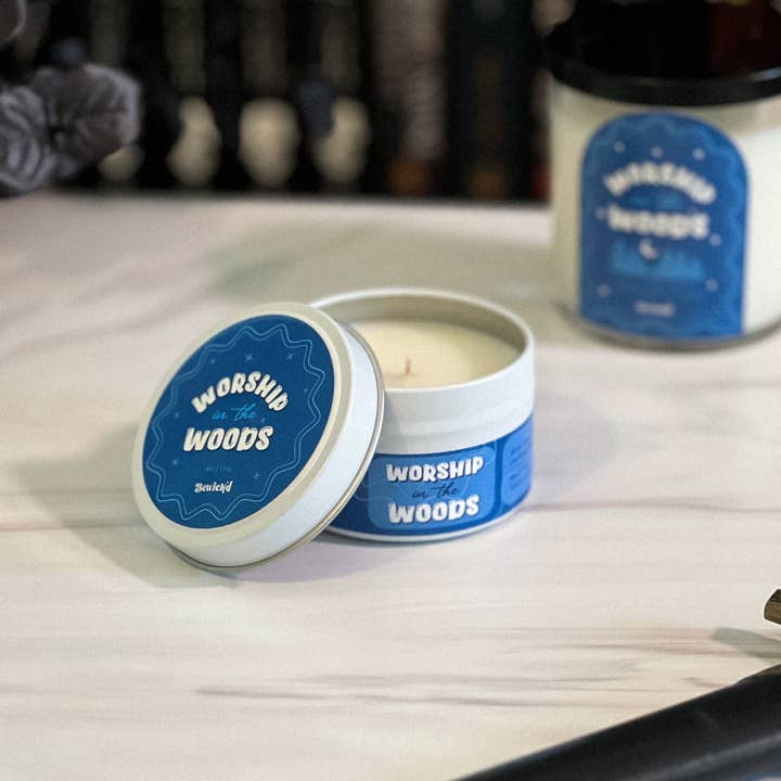 Worship in the Woods Candle - 4oz Book Inspired Indie Author for wholesale by Bewick'd Studio