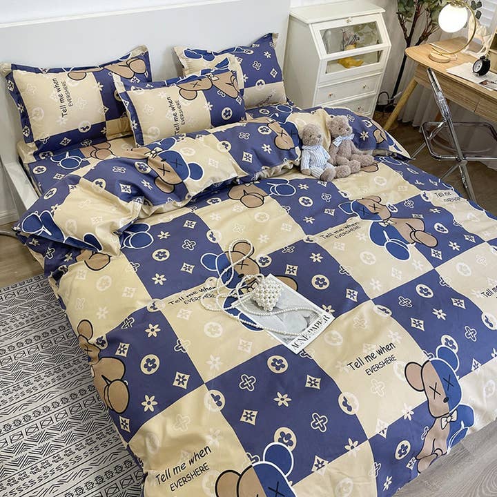 Cute Bedding Teddy Bear Blue Duvet Cover Set, Luxury Bedding, Dorm Bedding, Designer Bedding, Kids Duvet Cover King Queen Full Twin Double for wholesale by daintyduvet