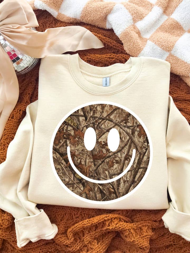 Camo Smiley Sweatshirt for wholesale by Funky Monkey