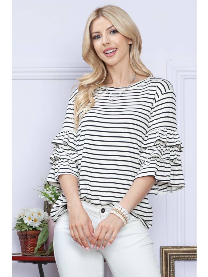 WHITE BLACK RUFFLE HALF SLEEVE STRIPE TOP for wholesale on Faire