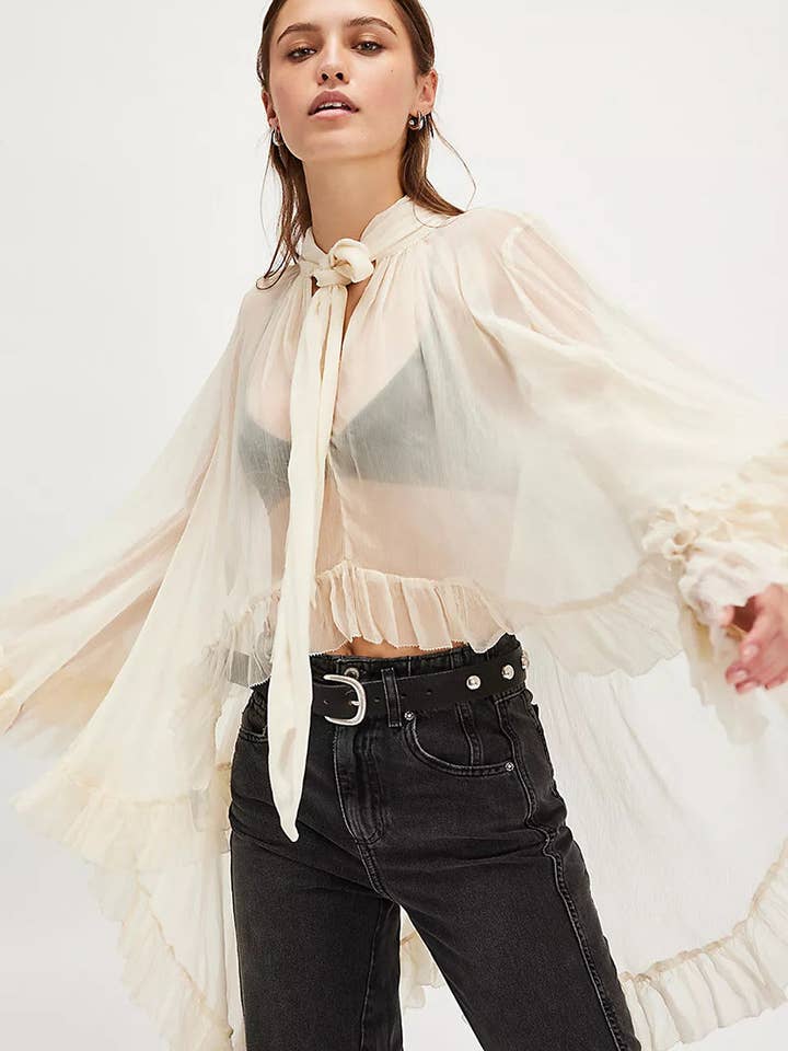 Tie-Neck Sheer Blouse with Ruffled Details for wholesale by Mccolin