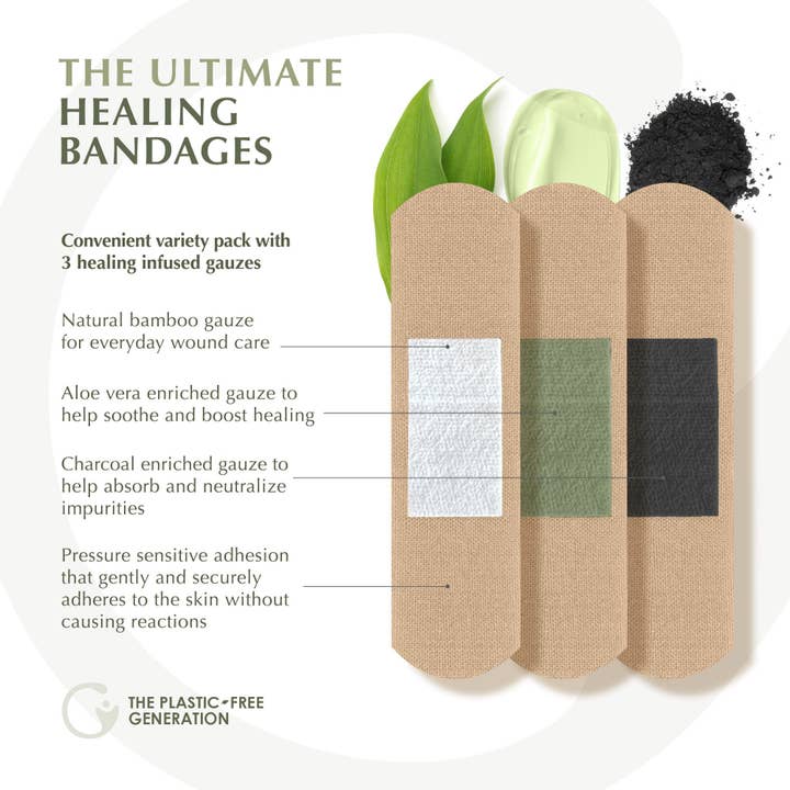 Generation For Change - Wholesale Bandaids/Bandages - The Plant-Based Bandage by Generation for Change | 75 Compostable Bamboo Bandages | Variety Pack - Aloe Vera, Activated Charcoal & Natural Bamboo | PFAS Free!