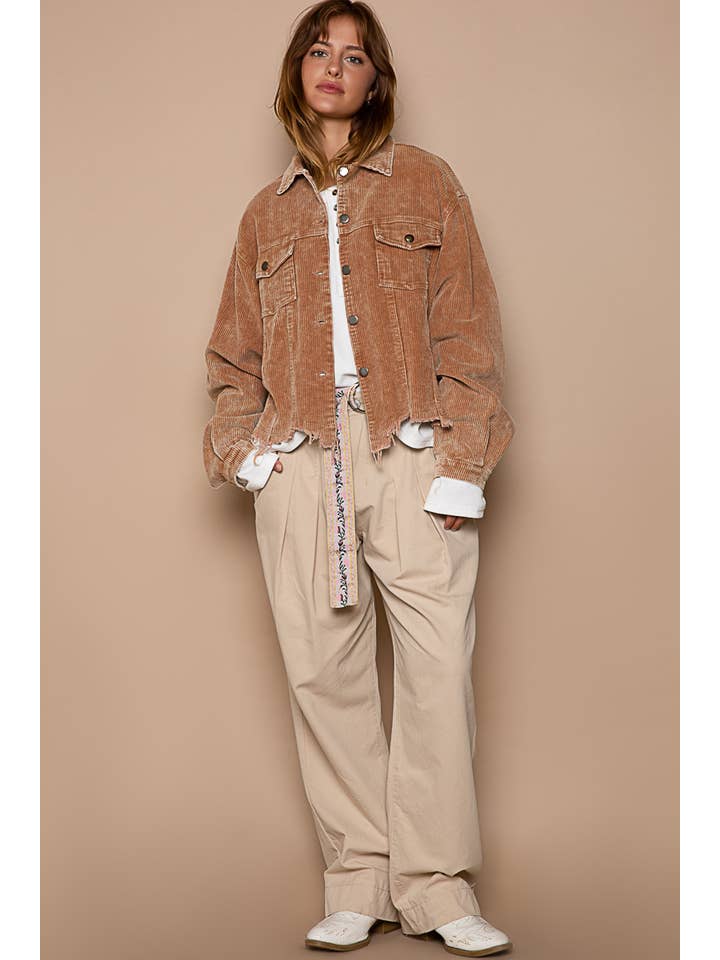 Pol Clothing - Wholesale Jacket - Women's - Pocket front button down distressed hem corduroy jacket SALE