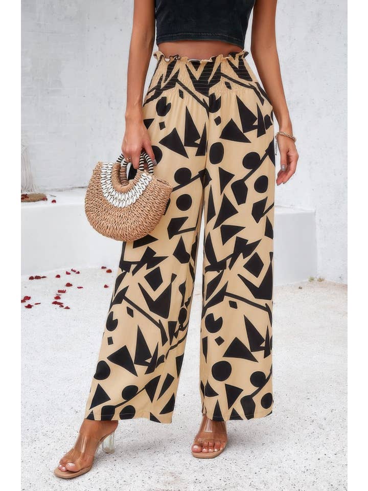 CC Wholesale Clothing - Venta al por mayor Pantalones - Mujer - Pantalón de Pierna Ancha de Cintura Alta con Volante Doblado y Estampado Integral8