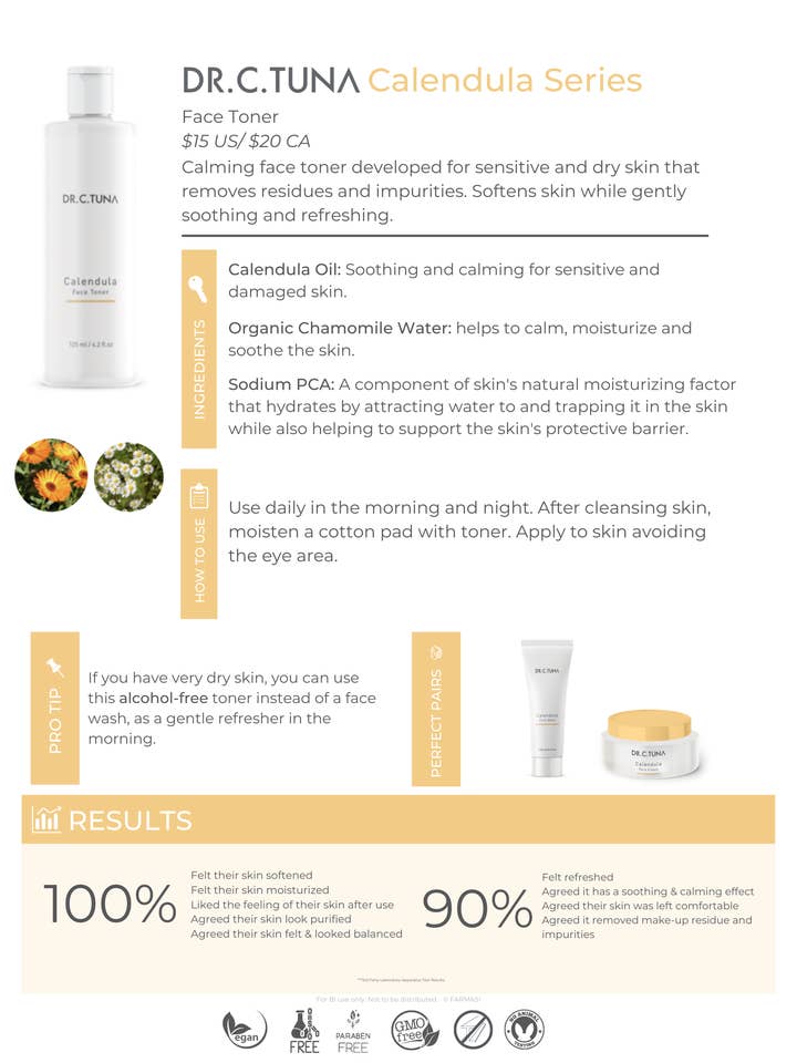 Tonique pour le visage au calendula Dr. C. Tuna pour la vente par Mindful Beauty Program