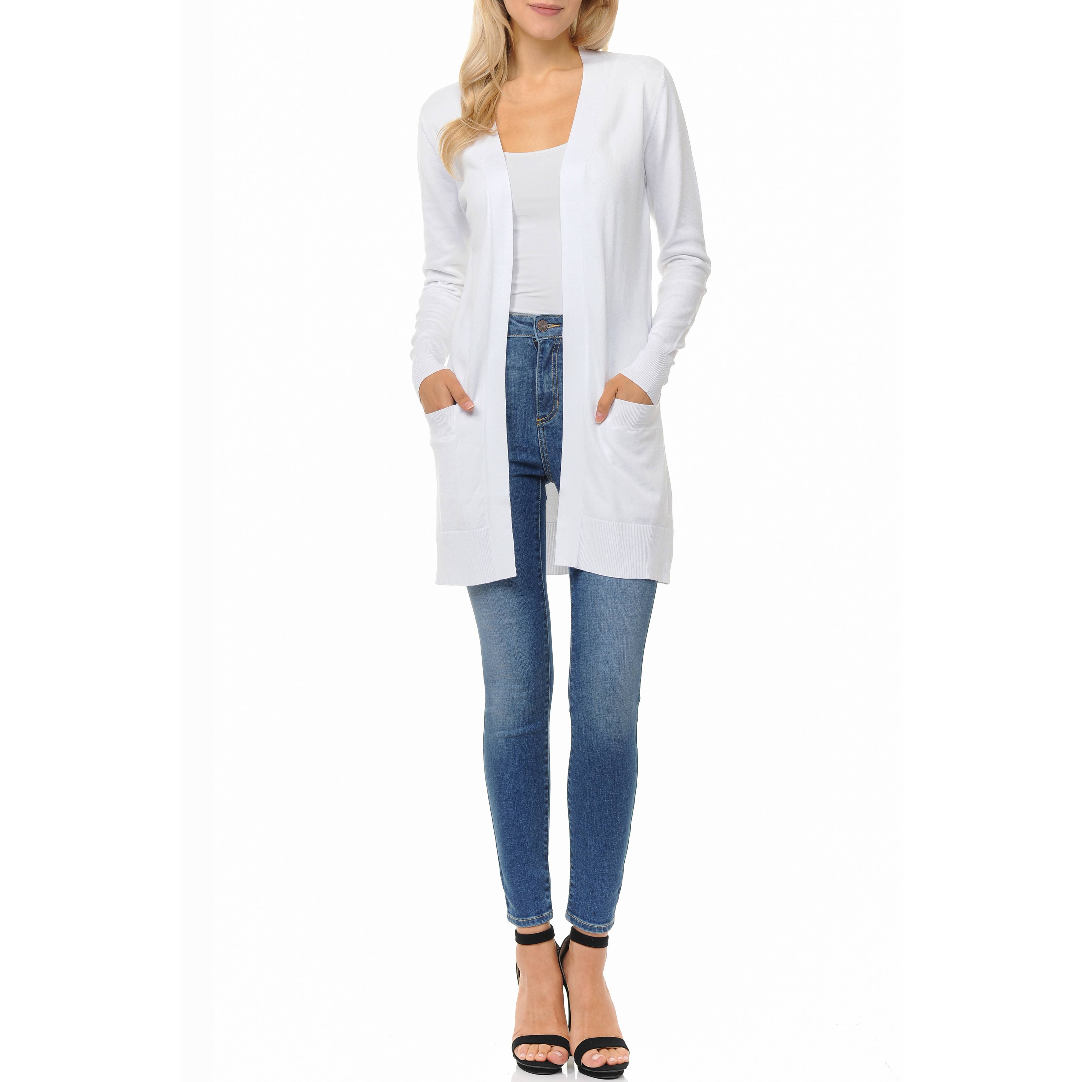 Urban Look - Wholesale Cardigan - Women's - Premium Lightweight Open Front Pocket Cardigan White3