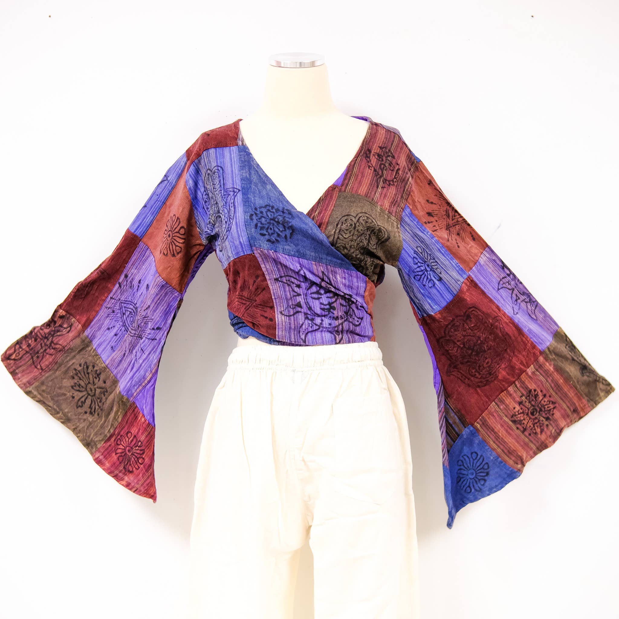 Karma Nepal Crafts – Conjunto de top e calça (roupa NÃO Casual) - Mulher por atacado – Conjunto de Calça Palazzo Patchwork de Algodão com Blusa de Manga Flare6