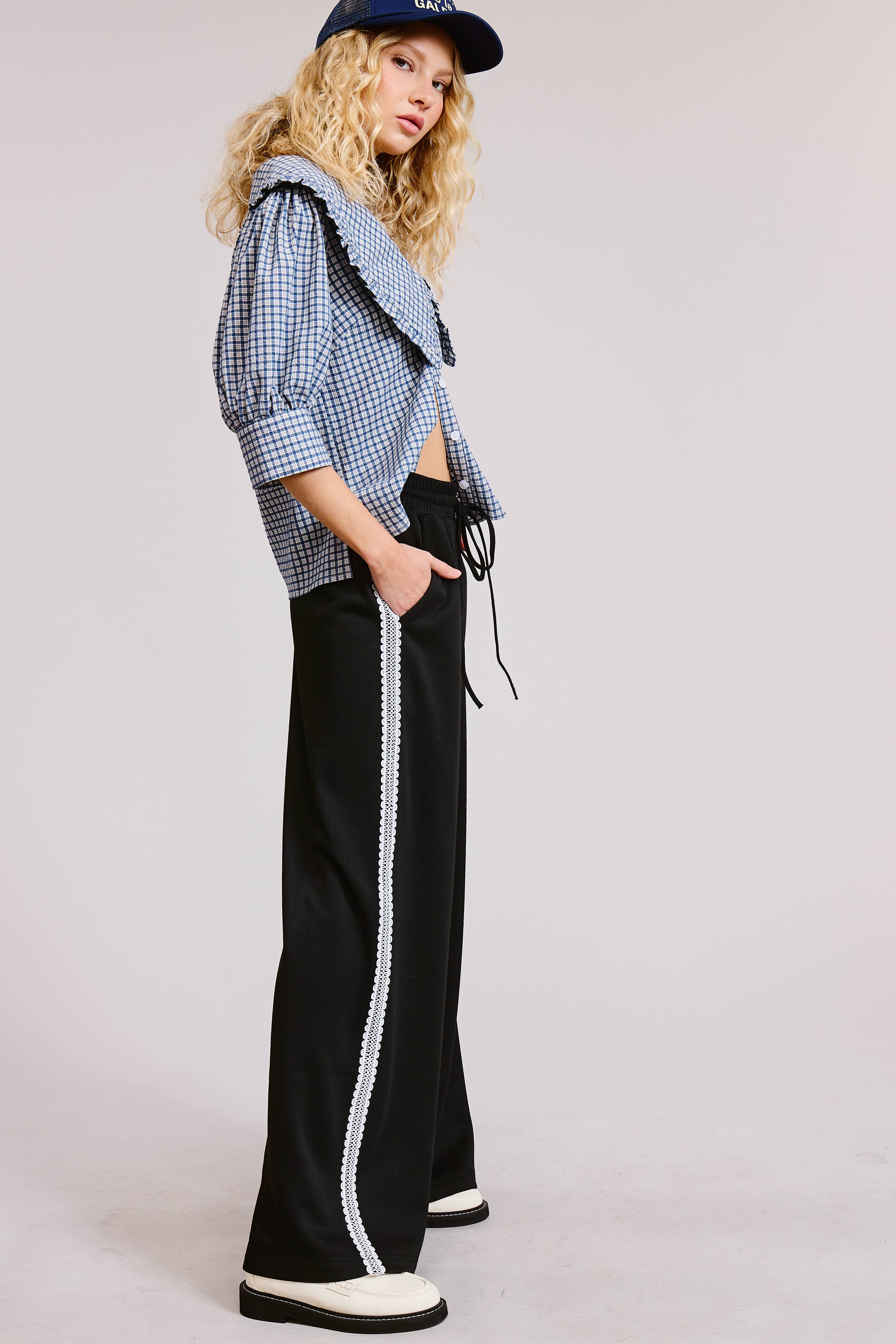 Black Lace Trim Wide Leg Track Pants with Drawstring Waist for wholesale on Faire14