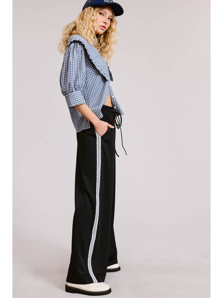 Black Lace Trim Wide Leg Track Pants with Drawstring Waist for wholesale on Faire14