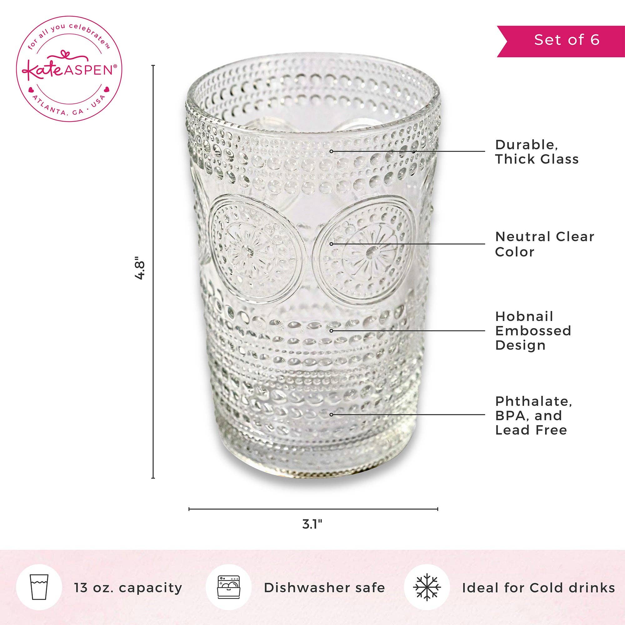 Kate Aspen - Wholesale Cocktail/Liquor Glass - 13 oz. Hobnail Beaded Floral Clear Drinking Glasses (Set of 6)5