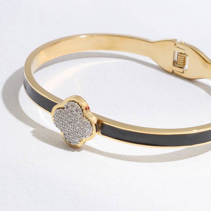 Fashion City - Wholesale Cuff Bracelet - CZ Pave Clover Colored Bangle Cuff Bracelet11