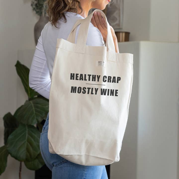 Bolsa de lona Healthy Crap Mostly Wine, regalo de vino para venta al por mayor de DEV D + CO.