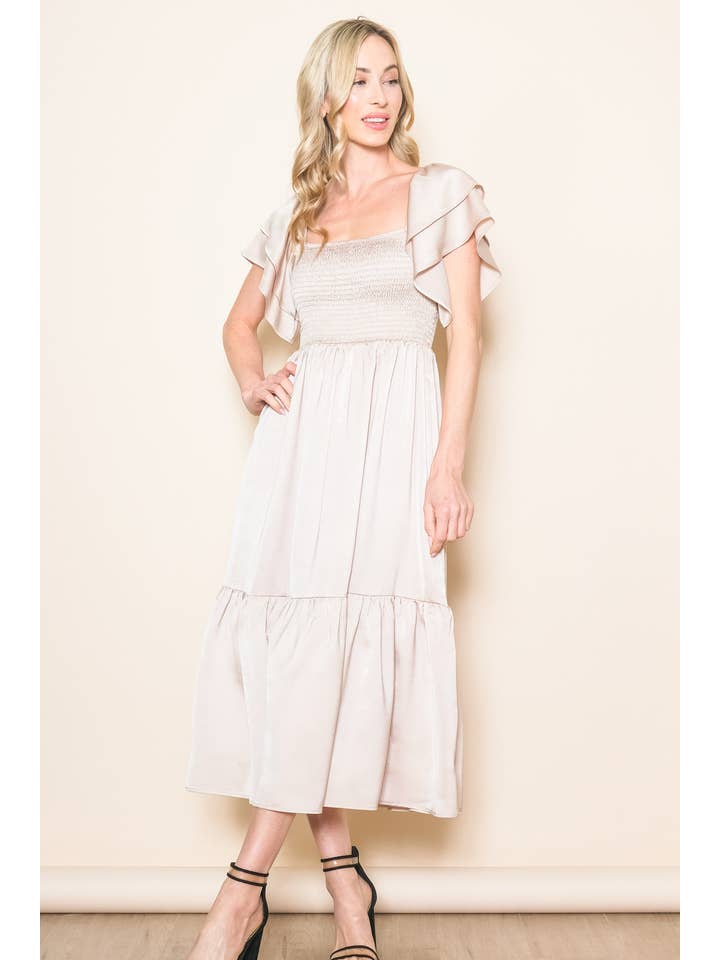 Elloh Collection - Wholesale Dress - Women's - Flowy On Off Shoulder Flutter Sleeve Smocked Satin Dress5