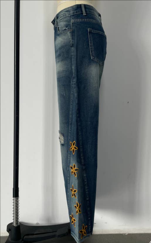 Blue Floral cutout Embroidered Distressed jeans for wholesale on Faire2
