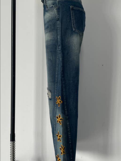Blue Floral cutout Embroidered Distressed jeans for wholesale on Faire2