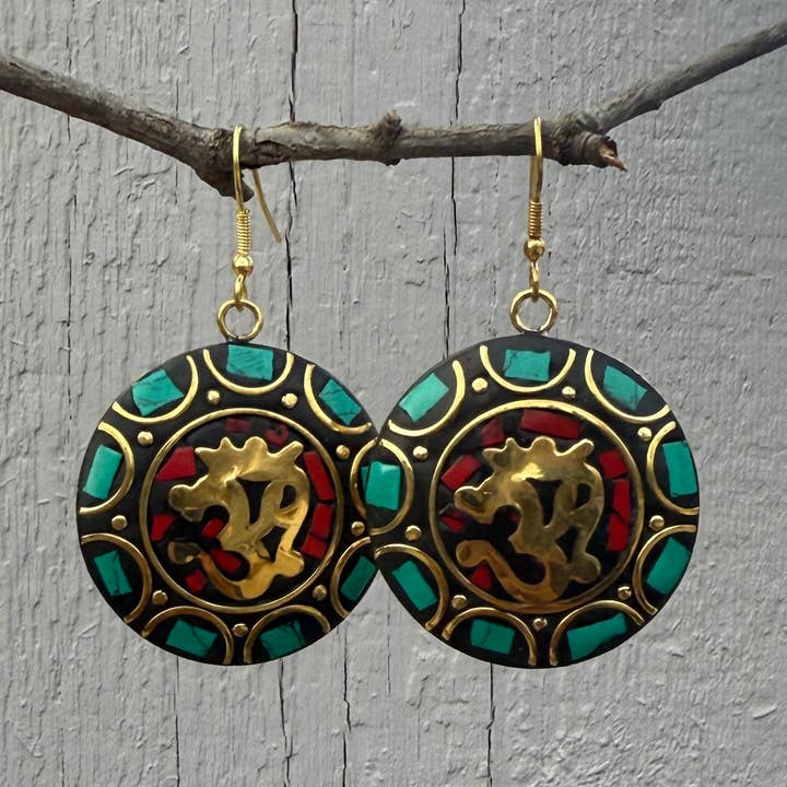 Lungta Imports - Wholesale Dangle earrings - Tribal Tibetan Nepalese Mosaic Om Earring - Bohemian, Ethnic1