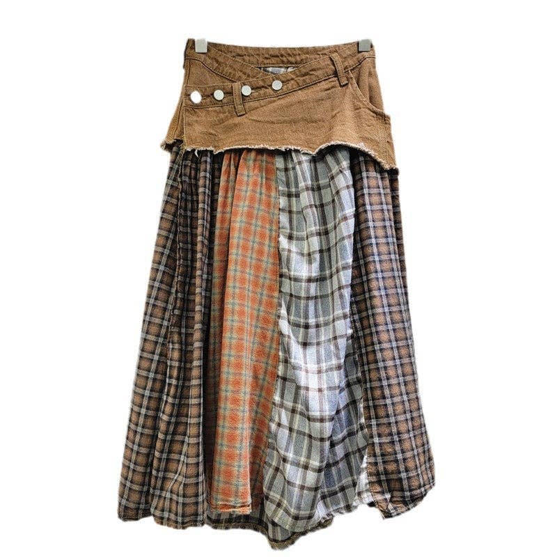 Sanyao Fashion – wholesale Skirt – Women’s – M188 Spliced Plaid Denim High Waist A-Line Midi Skirt3