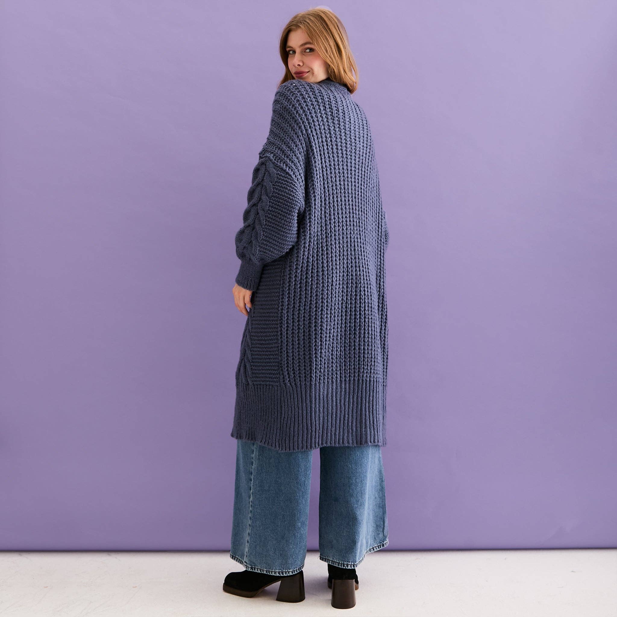 Cara & The Sky - Wholesale Cardigan - Women's - Alex Cable Balloon Sleeve Maxi Cardigan - Denim6