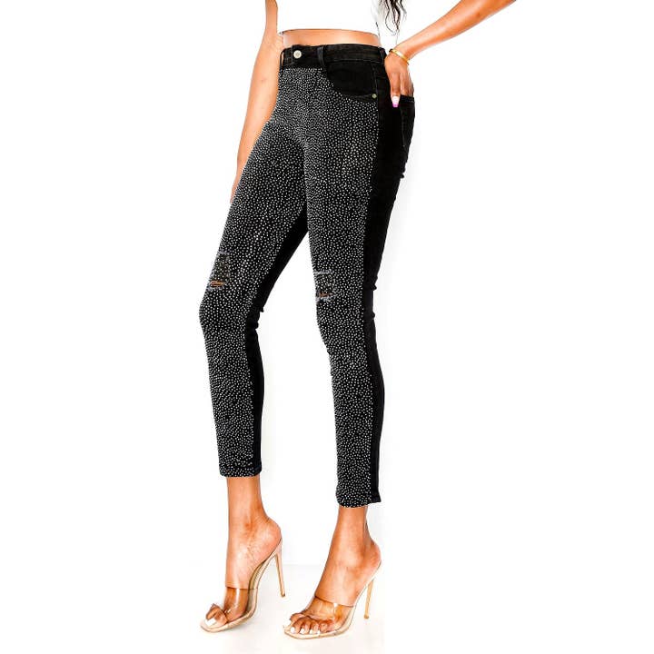 Pantalon en denim noir avec strass Bling Chip attachés pour la vente par Diacly
