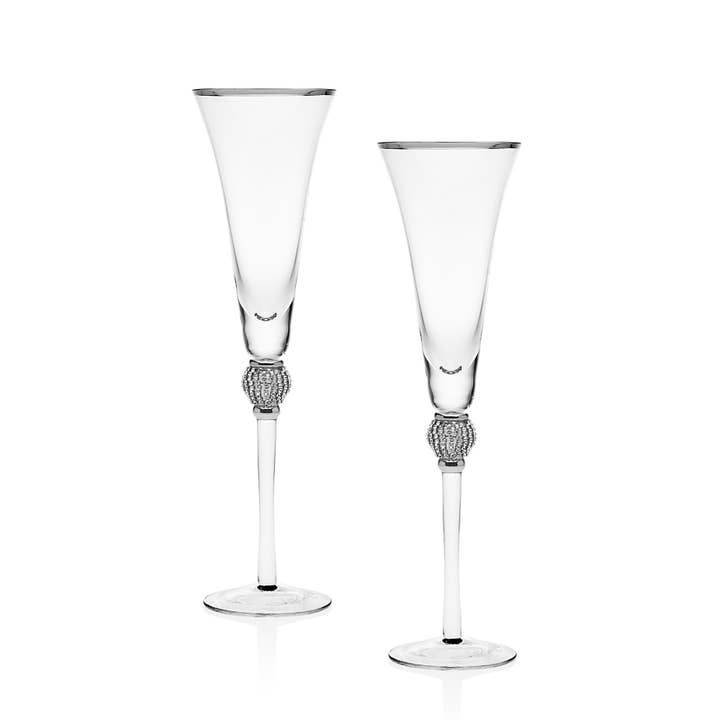 Godinger - Wholesale Champagne Flute - Set of Two Pave Bling Silver Champagne Flutes - Bridal