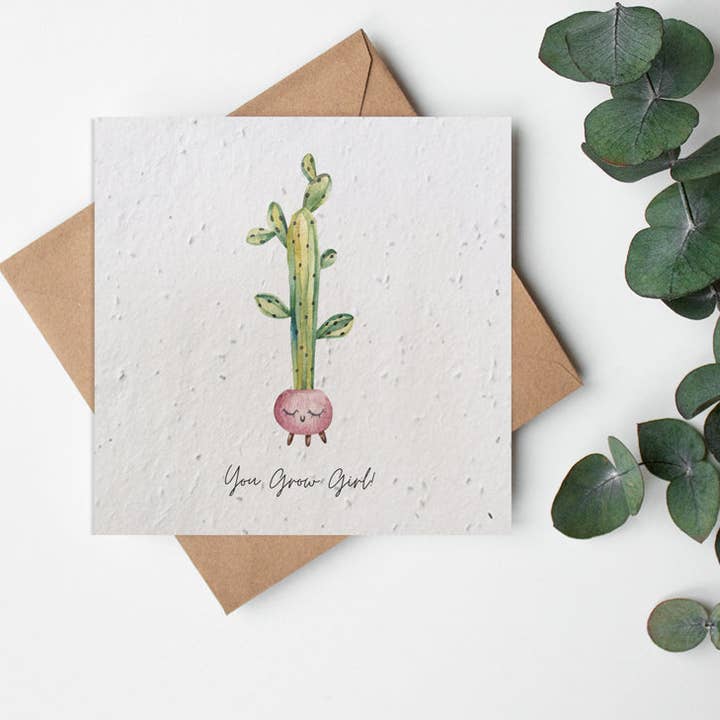 A6 Seed Paper Greeting Card - Plant Pun - you grow girl for wholesale by Little Green Paper Shop