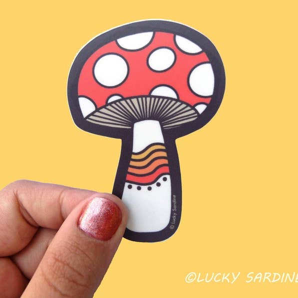 Toadstool Rainbow Mushroom, Retro 70s Hippie Vinyl Sticker for wholesale by Lucky Sardine