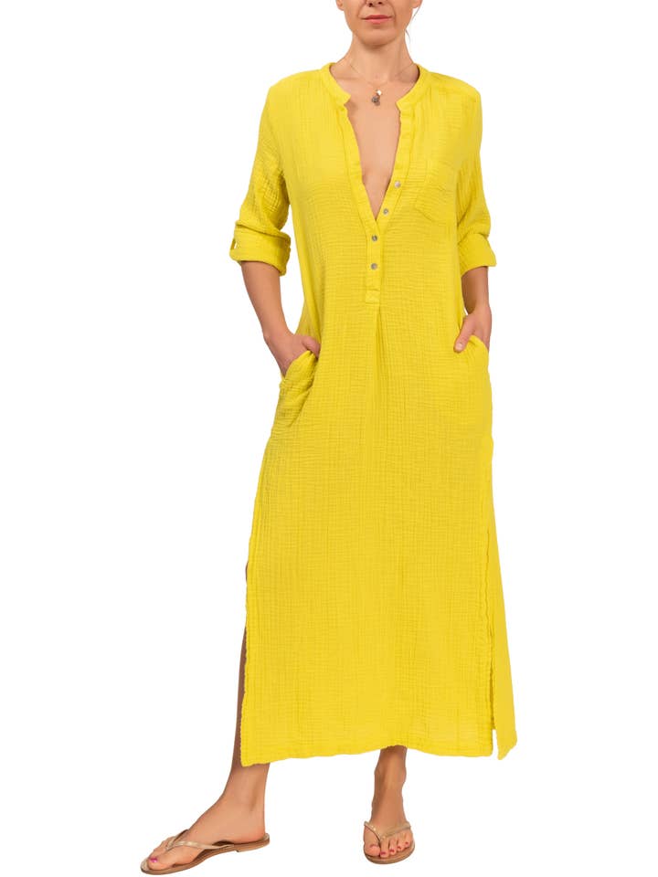 Everyday Ritual - Wholesale Kaftan - Women's - Tracey Caftan - Chartreuse Cotton Bubble Gauze