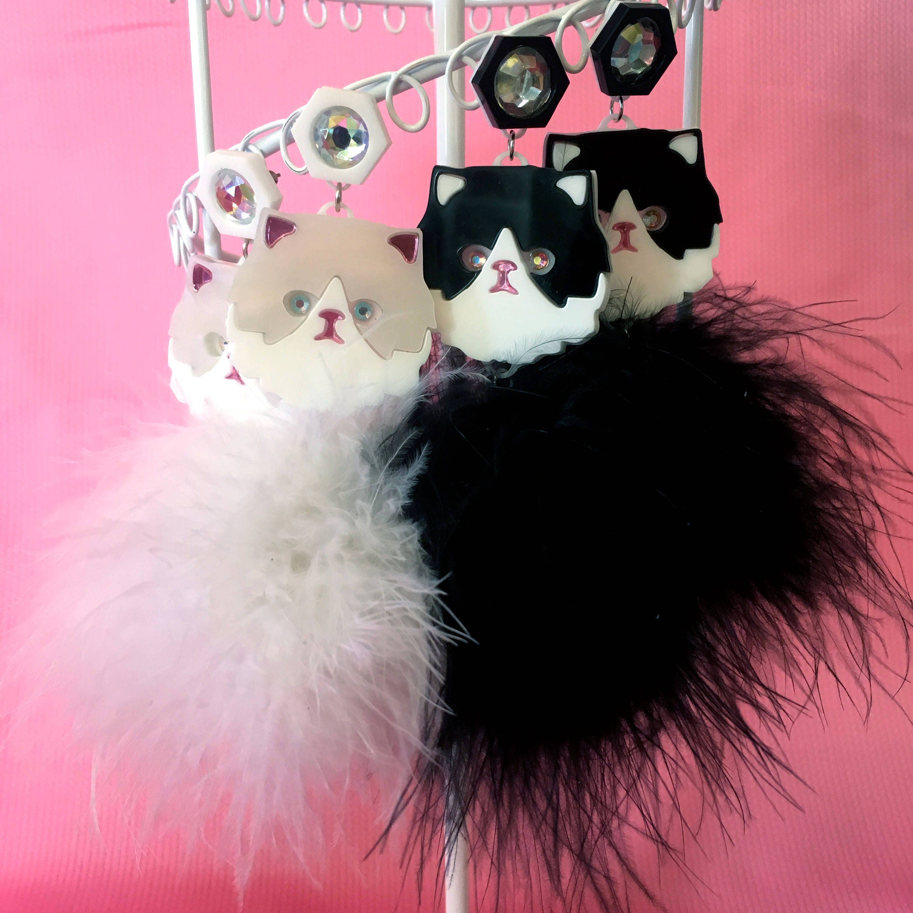I'm Your Present - Wholesale Dangle Earrings - Persian Kitty Cat And Pom Pom Earrings In White Or Black & White, Laser Cut Acrylic, Plastic Jewelry2