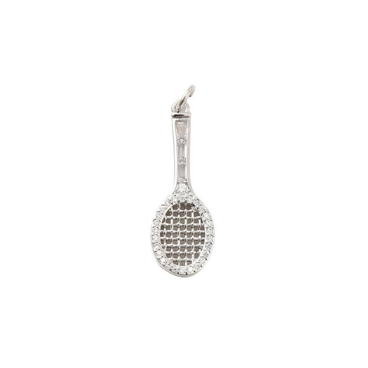 The Charm Bar Company - Wholesale Individual Charm/Pendant - Silver Tennis Racket w/ Cubic Zirconia Charm