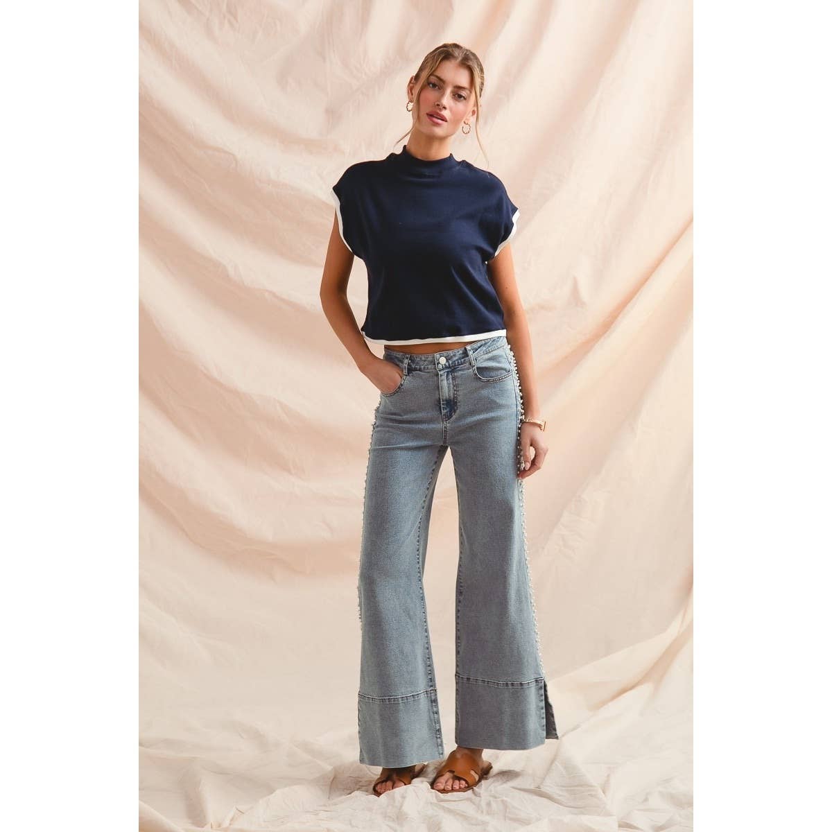 IVE - Wholesale Pants - Women's - Mid Rise Flare Bottom Denim Jeans With Side Pearl1