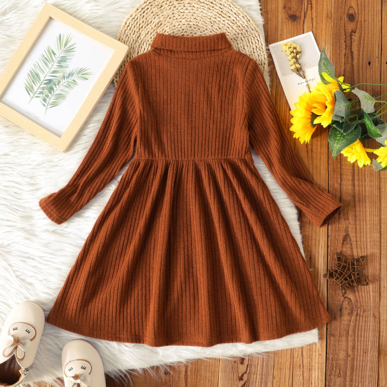 PatPat - Wholesale Dress - Kids - Toddler Girl Turtleneck Solid Color Ribbed Long-sleeve Dress6