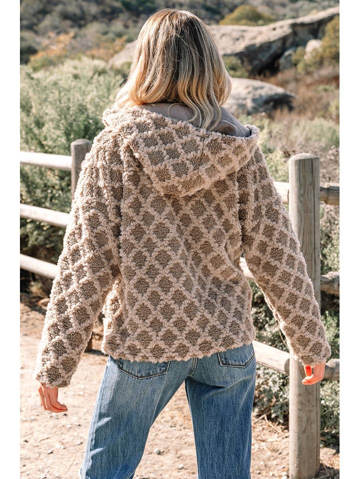 Chestnut Sherpa Rhombus Textured Zip Up Hooded Jacket for wholesale on Faire1